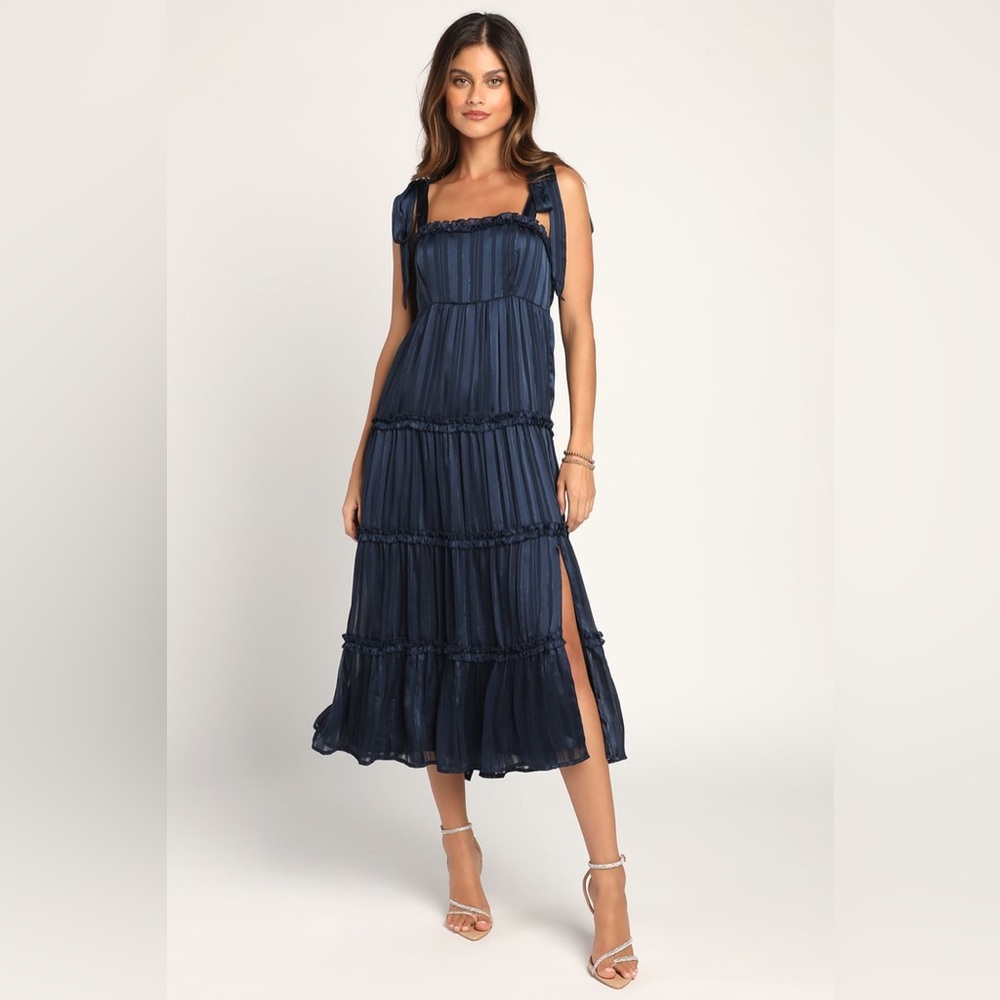 Lulus Navy Blue Tie-Strap Tiered Midi Dress